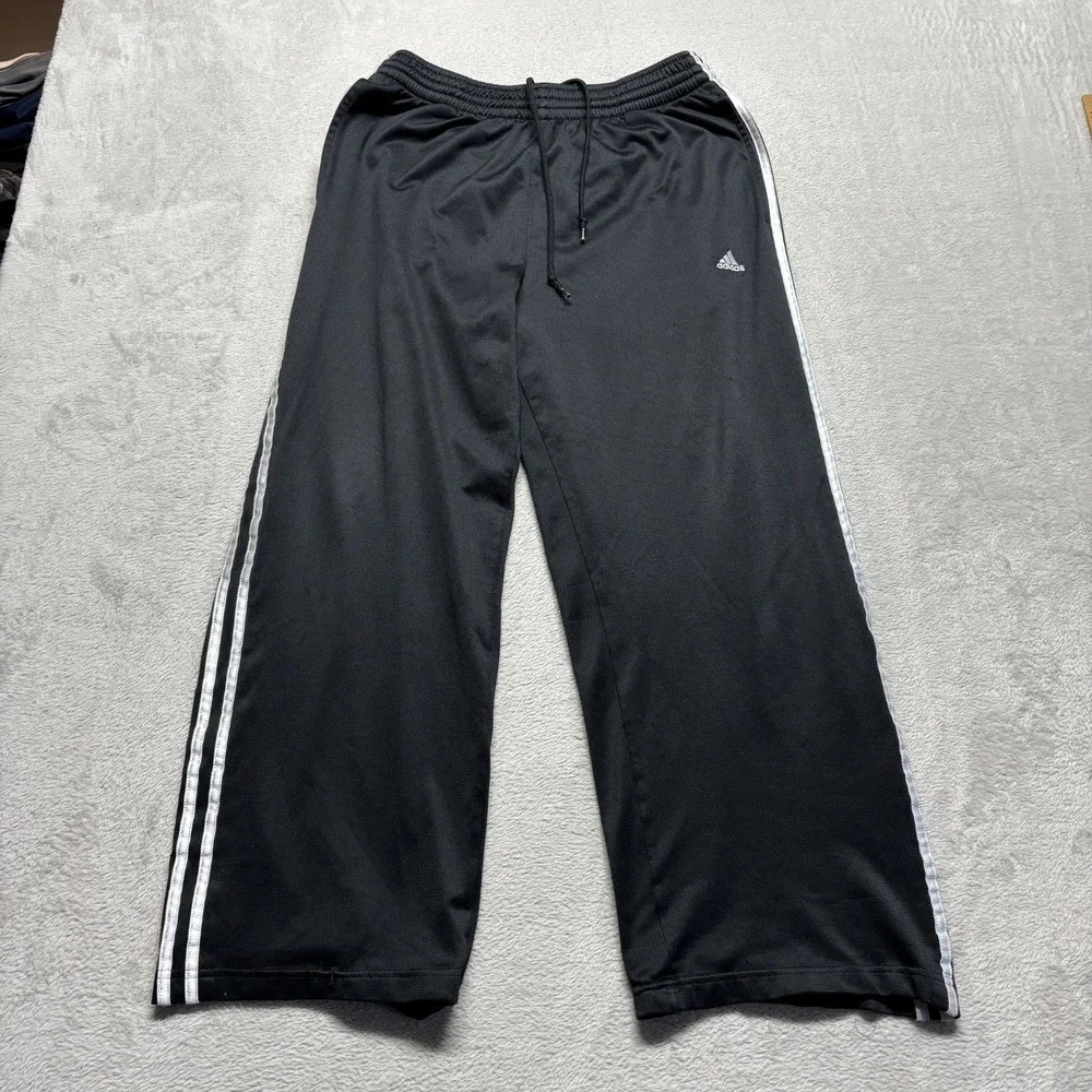 Vintage Adidas Y2K Baggy Track Pants Men's M 3 Stripe Black Warm Ups Climalite